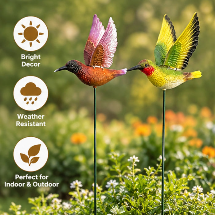 Vibrant Hummingbird Garden Stakes (Set of 2) – Red & Yellow Flying Bird Sticks for Garden Beds, Flower Boxes & Lawn Arrangements