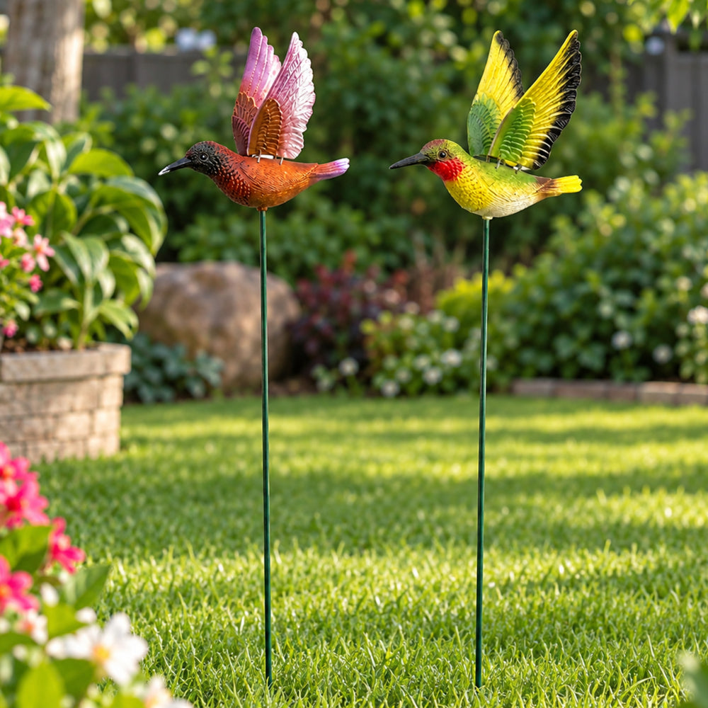 Vibrant Hummingbird Garden Stakes (Set of 2) – Red & Yellow Flying Bird Sticks for Garden Beds, Flower Boxes & Lawn Arrangements