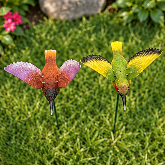 Vibrant Hummingbird Garden Stakes (Set of 2) – Red & Yellow Flying Bird Sticks for Garden Beds, Flower Boxes & Lawn Arrangements