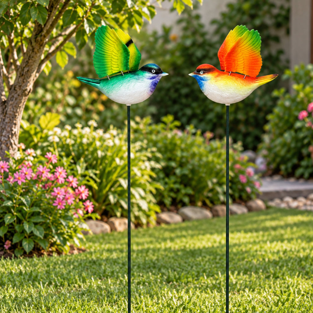 Vibrant Flying Bird Garden Stakes (Set of 2) – Green & Orange Songbird Stick, Patio & Fls for Gardenowerbed Decor