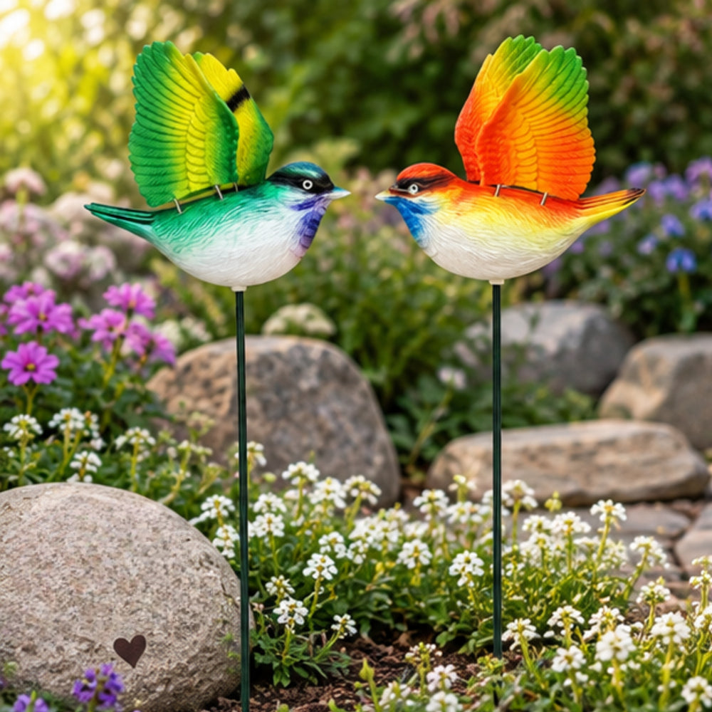 Vibrant Flying Bird Garden Stakes (Set of 2) – Green & Orange Songbird Stick, Patio & Fls for Gardenowerbed Decor