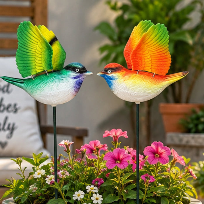 Vibrant Flying Bird Garden Stakes (Set of 2) – Green & Orange Songbird Stick, Patio & Fls for Gardenowerbed Decor