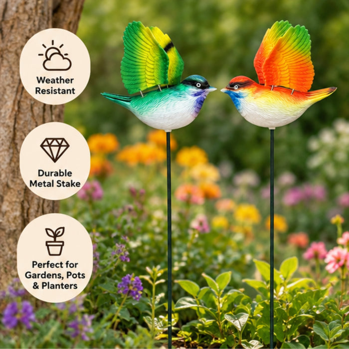 Vibrant Flying Bird Garden Stakes (Set of 2) – Green & Orange Songbird Stick, Patio & Fls for Gardenowerbed Decor
