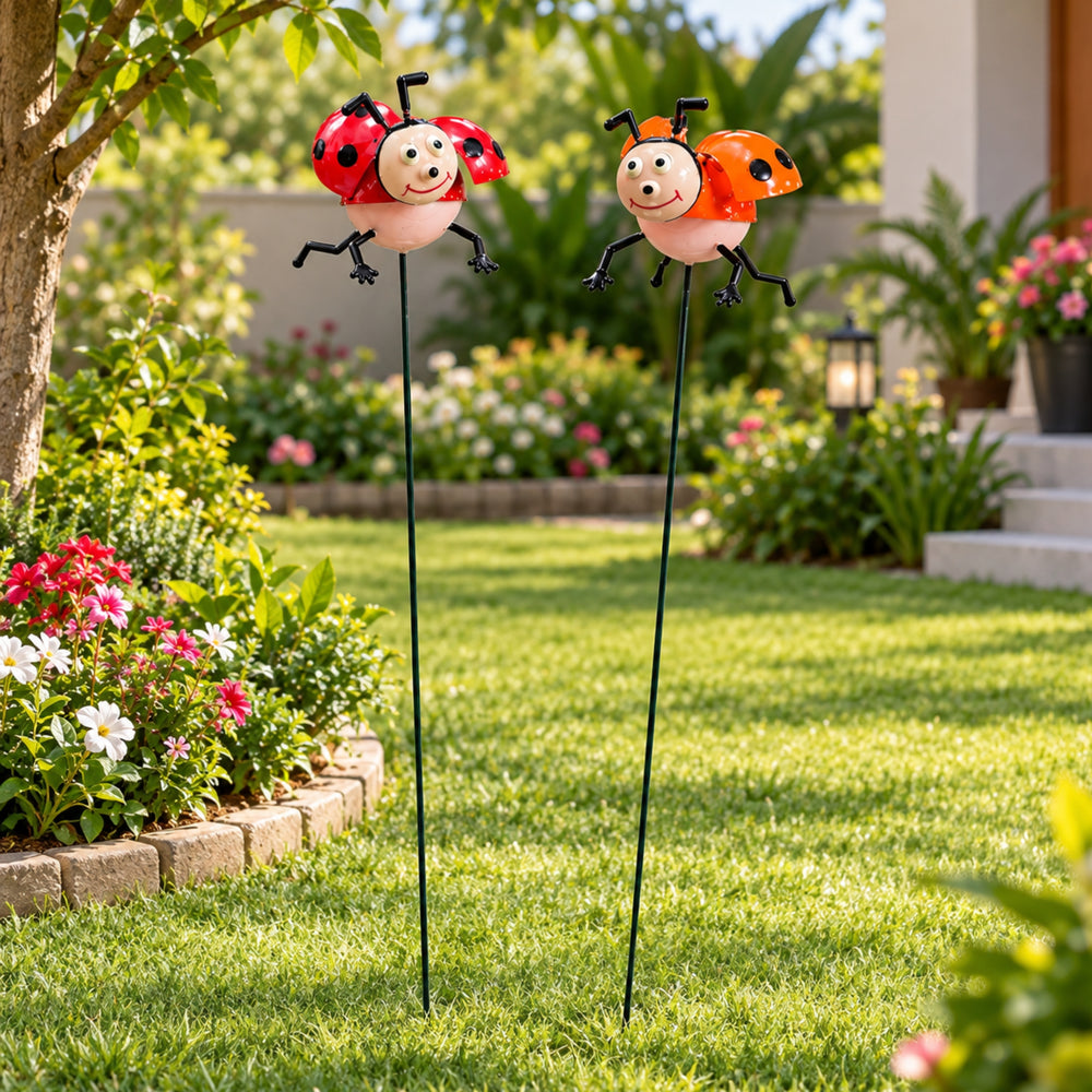 Whimsical Ladybug Garden Stakes (Set of 2) – Red & Orange Metal Stem Sticks for Potted Plants & Flower Beds