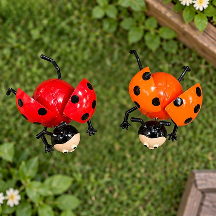 Whimsical Ladybug Garden Stakes (Set of 2) – Red & Orange Metal Stem Sticks for Potted Plants & Flower Beds