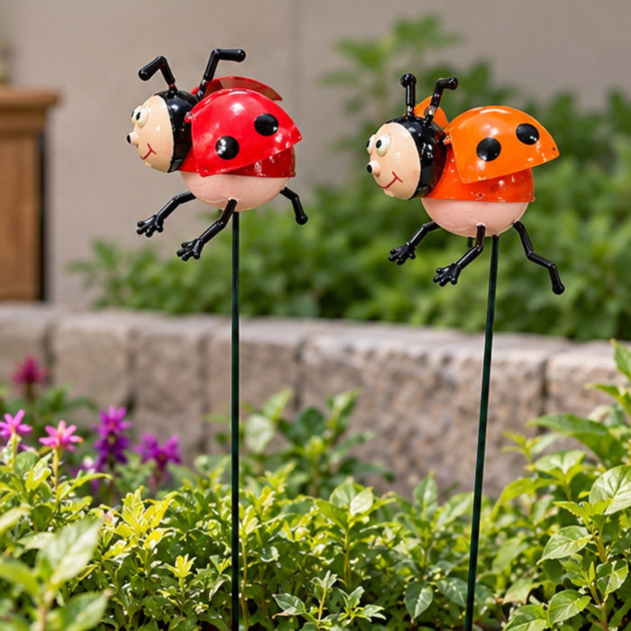 Whimsical Ladybug Garden Stakes (Set of 2) – Red & Orange Metal Stem Sticks for Potted Plants & Flower Beds