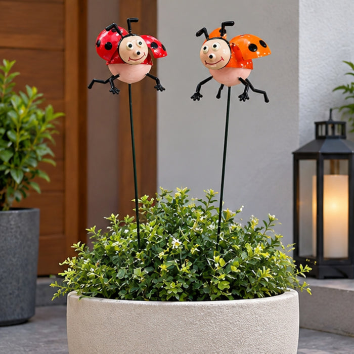 Whimsical Ladybug Garden Stakes (Set of 2) – Red & Orange Metal Stem Sticks for Potted Plants & Flower Beds