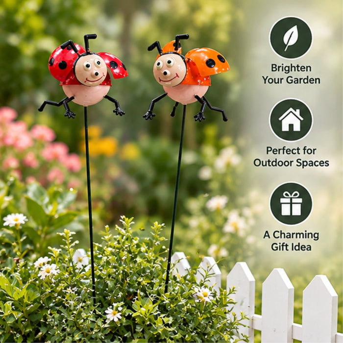 Whimsical Ladybug Garden Stakes (Set of 2) – Red & Orange Metal Stem Sticks for Potted Plants & Flower Beds
