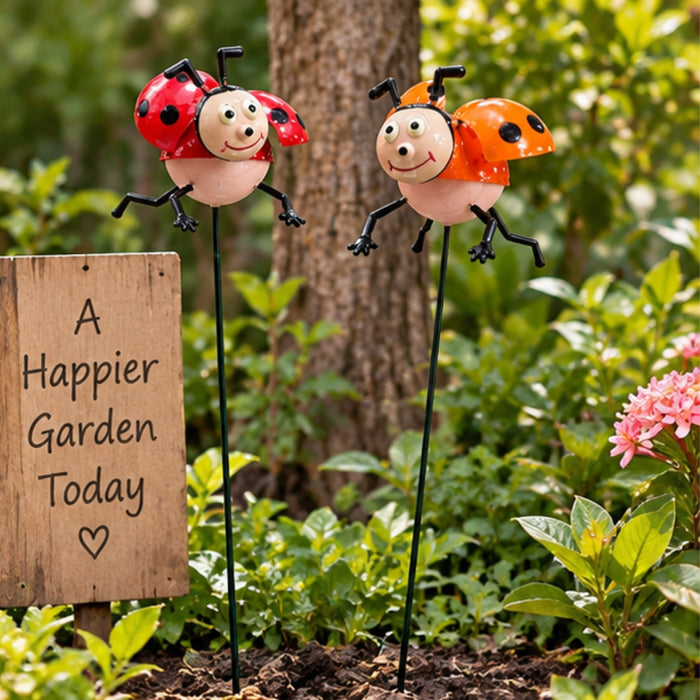 Whimsical Ladybug Garden Stakes (Set of 2) – Red & Orange Metal Stem Sticks for Potted Plants & Flower Beds