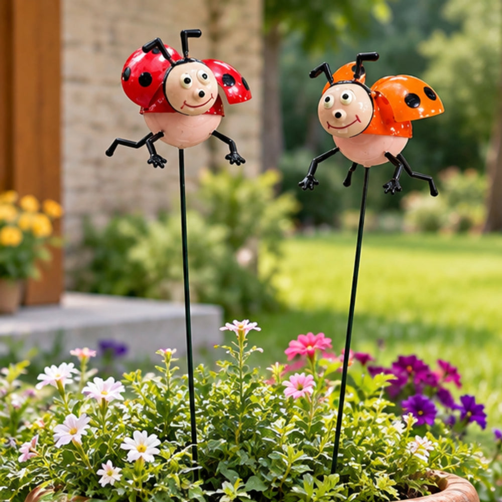 Whimsical Ladybug Garden Stakes (Set of 2) – Red & Orange Metal Stem Sticks for Potted Plants & Flower Beds