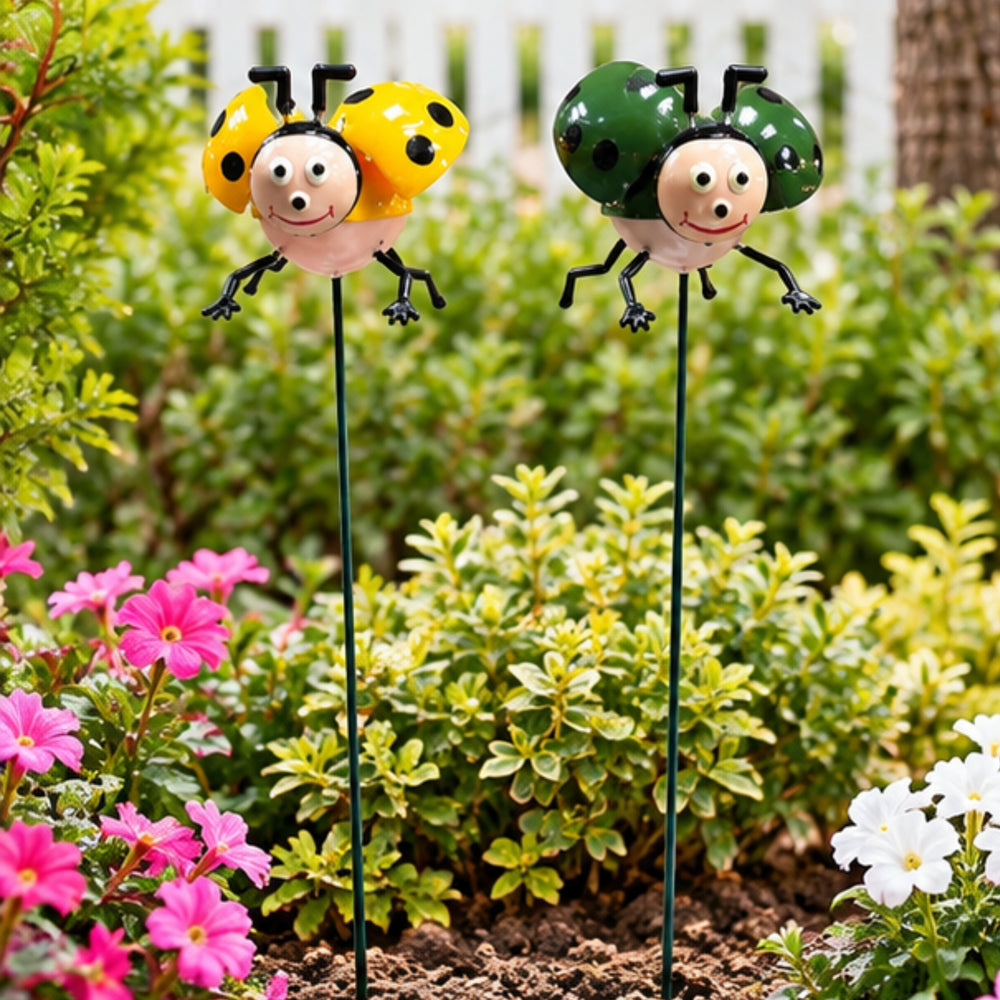 Whimsical Ladybug Garden Stakes (Set of 2) – Green & Yellow Metal Stem Sticks for Indoor & Outdoor Plants