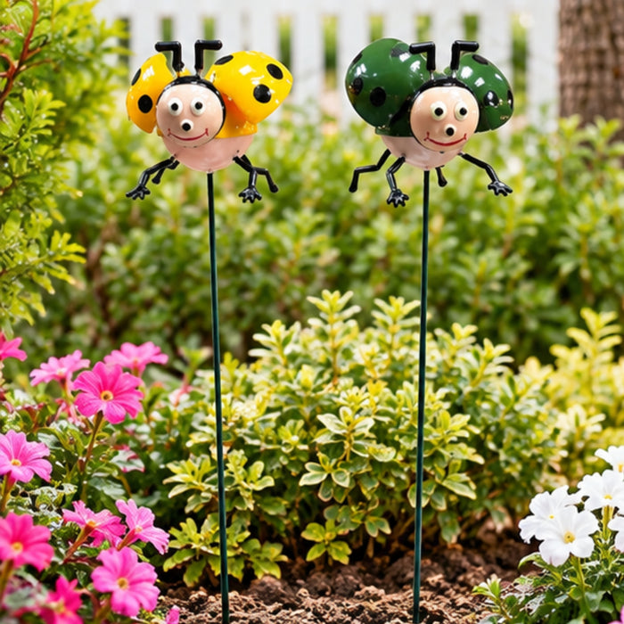 Whimsical Ladybug Garden Stakes (Set of 2) – Green & Yellow Metal Stem Sticks for Indoor & Outdoor Plants