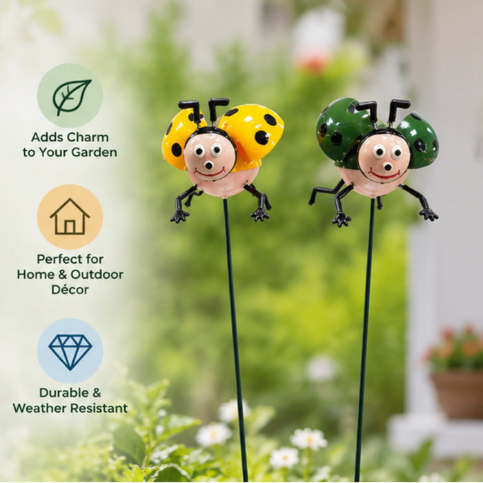 Whimsical Ladybug Garden Stakes (Set of 2) – Green & Yellow Metal Stem Sticks for Indoor & Outdoor Plants