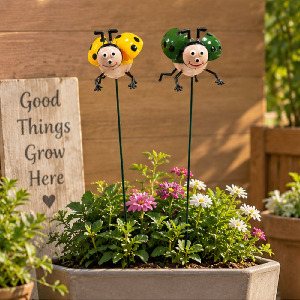 Whimsical Ladybug Garden Stakes (Set of 2) – Green & Yellow Metal Stem Sticks for Indoor & Outdoor Plants