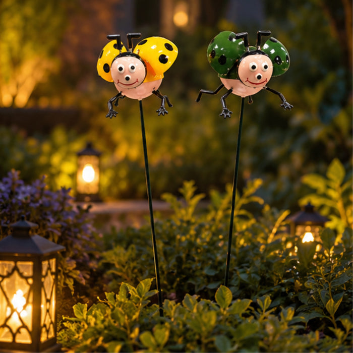 Whimsical Ladybug Garden Stakes (Set of 2) – Green & Yellow Metal Stem Sticks for Indoor & Outdoor Plants