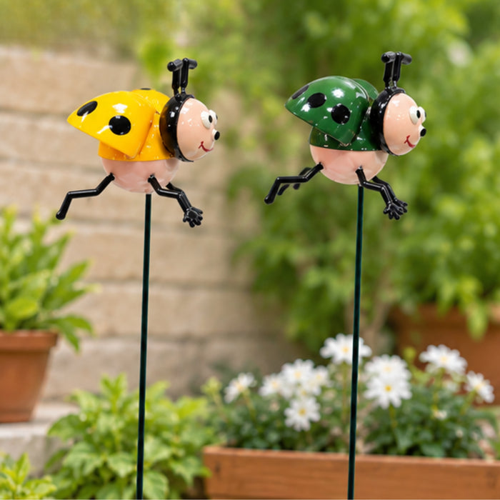 Whimsical Ladybug Garden Stakes (Set of 2) – Green & Yellow Metal Stem Sticks for Indoor & Outdoor Plants