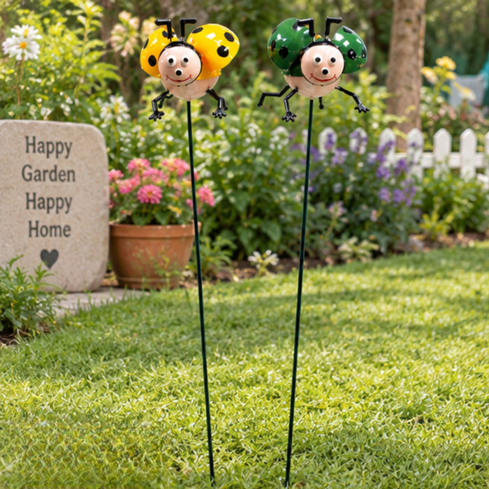 Whimsical Ladybug Garden Stakes (Set of 2) – Green & Yellow Metal Stem Sticks for Indoor & Outdoor Plants
