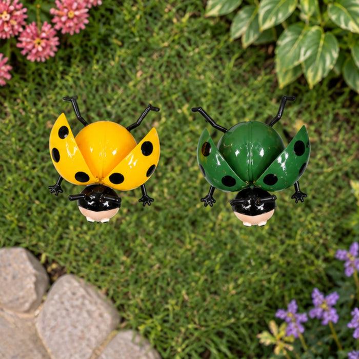 Whimsical Ladybug Garden Stakes (Set of 2) – Green & Yellow Metal Stem Sticks for Indoor & Outdoor Plants