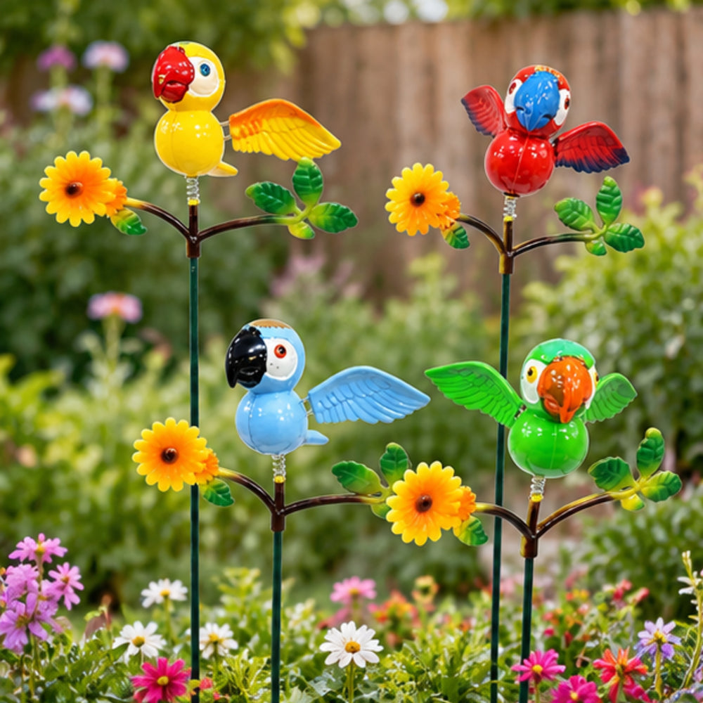Set of 4 Colorful Bobble-Head Parrot Garden Stakes