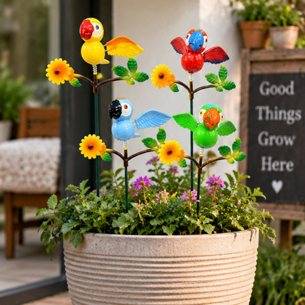 Set of 4 Colorful Bobble-Head Parrot Garden Stakes