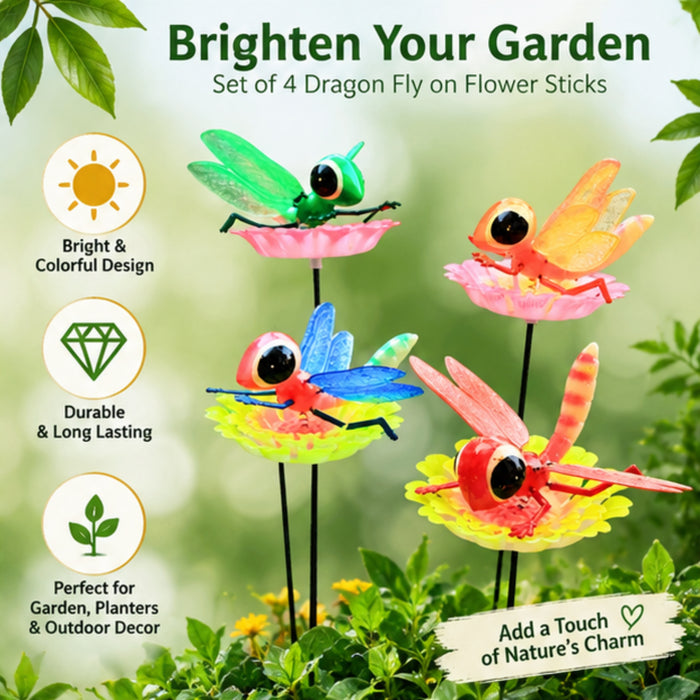 (Set of 4) Dragon Fly on Flower Sticks