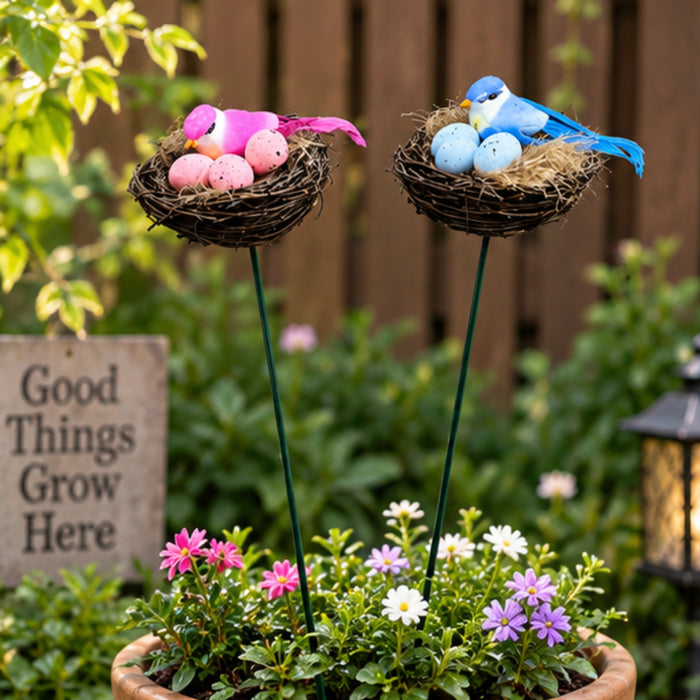 Pink & Blue Bird Nest Garden Stakes (Set of 2) – Decorative Songbird & Egg Nest Sticks for Planters, Balcony & Garden Decor