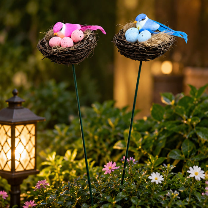 Pink & Blue Bird Nest Garden Stakes (Set of 2) – Decorative Songbird & Egg Nest Sticks for Planters, Balcony & Garden Decor