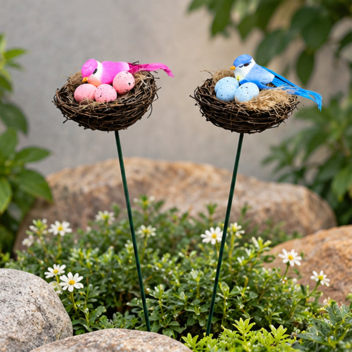 Pink & Blue Bird Nest Garden Stakes (Set of 2) – Decorative Songbird & Egg Nest Sticks for Planters, Balcony & Garden Decor