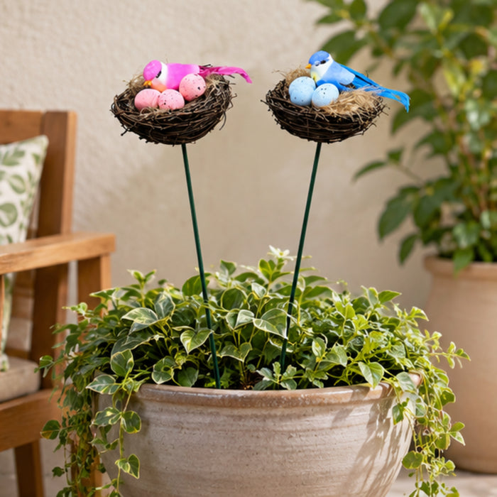 Pink & Blue Bird Nest Garden Stakes (Set of 2) – Decorative Songbird & Egg Nest Sticks for Planters, Balcony & Garden Decor
