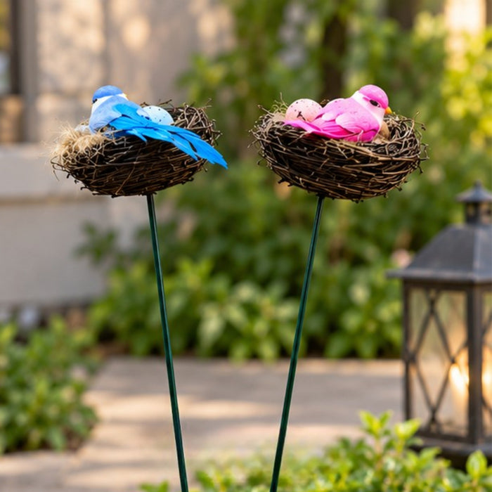 Pink & Blue Bird Nest Garden Stakes (Set of 2) – Decorative Songbird & Egg Nest Sticks for Planters, Balcony & Garden Decor