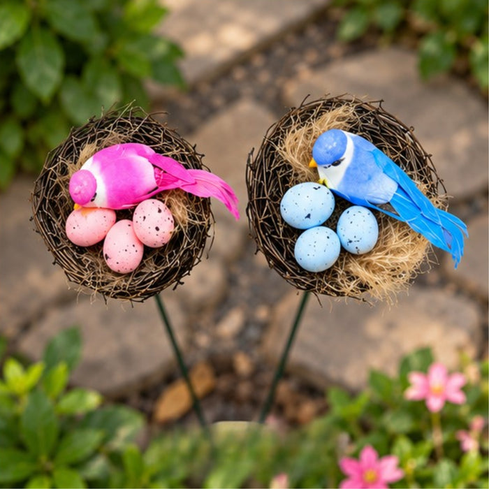 Pink & Blue Bird Nest Garden Stakes (Set of 2) – Decorative Songbird & Egg Nest Sticks for Planters, Balcony & Garden Decor