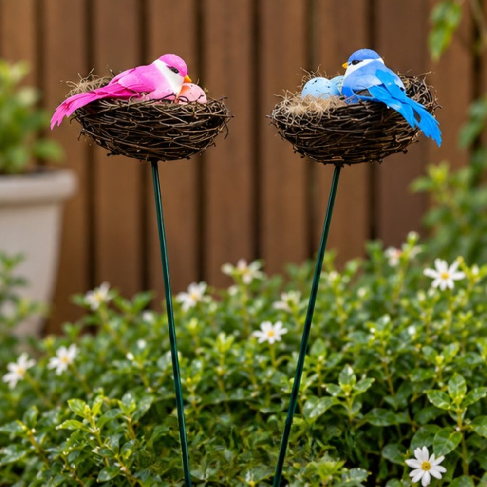 Pink & Blue Bird Nest Garden Stakes (Set of 2) – Decorative Songbird & Egg Nest Sticks for Planters, Balcony & Garden Decor