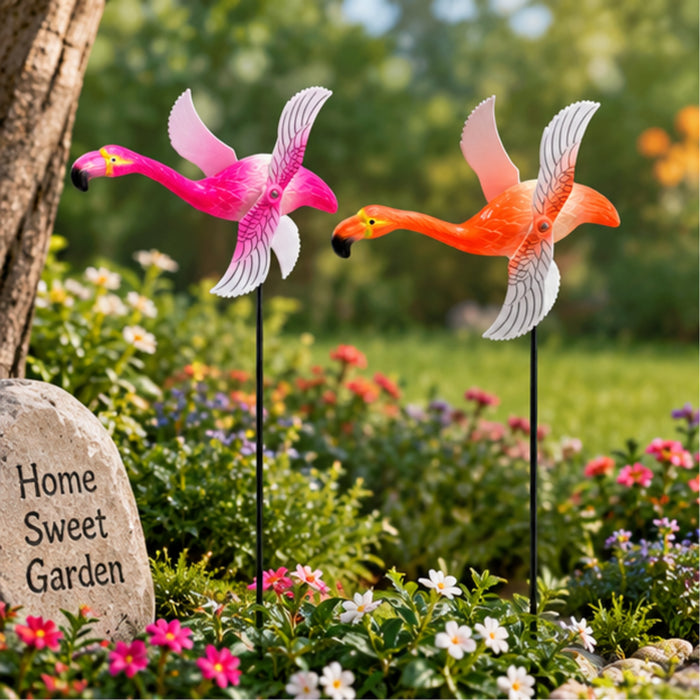 Whimsical Flying Flamingo Wind Spinners (Set of 2) – Pink & Orange Kinetic Garden Stakes for Lawn, Balcony & Pathway Decor