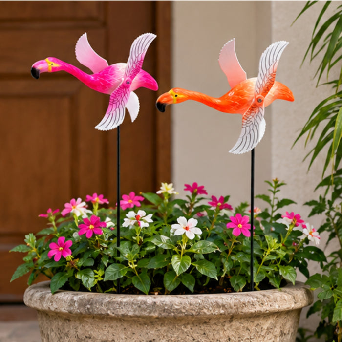 Whimsical Flying Flamingo Wind Spinners (Set of 2) – Pink & Orange Kinetic Garden Stakes for Lawn, Balcony & Pathway Decor