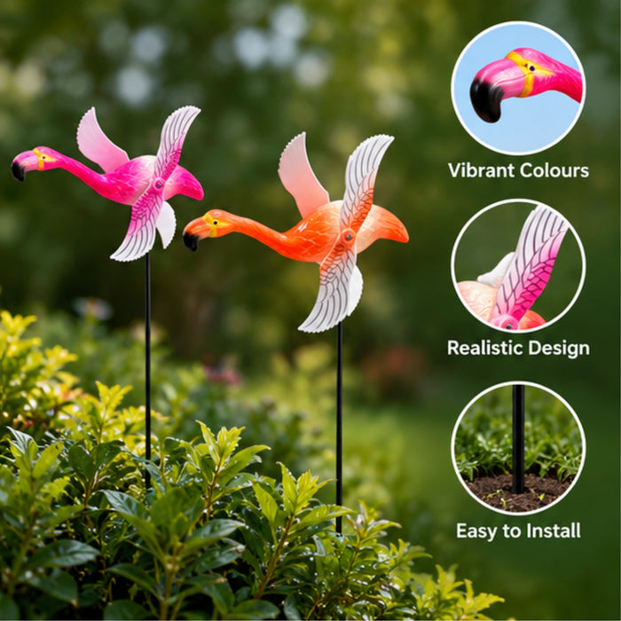 Whimsical Flying Flamingo Wind Spinners (Set of 2) – Pink & Orange Kinetic Garden Stakes for Lawn, Balcony & Pathway Decor