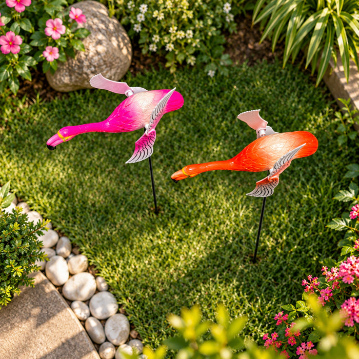 Whimsical Flying Flamingo Wind Spinners (Set of 2) – Pink & Orange Kinetic Garden Stakes for Lawn, Balcony & Pathway Decor