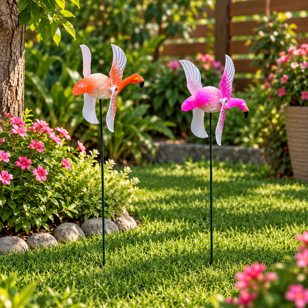 Whimsical Flying Flamingo Wind Spinners (Set of 2) – Pink & Orange Kinetic Garden Stakes for Lawn, Balcony & Pathway Decor