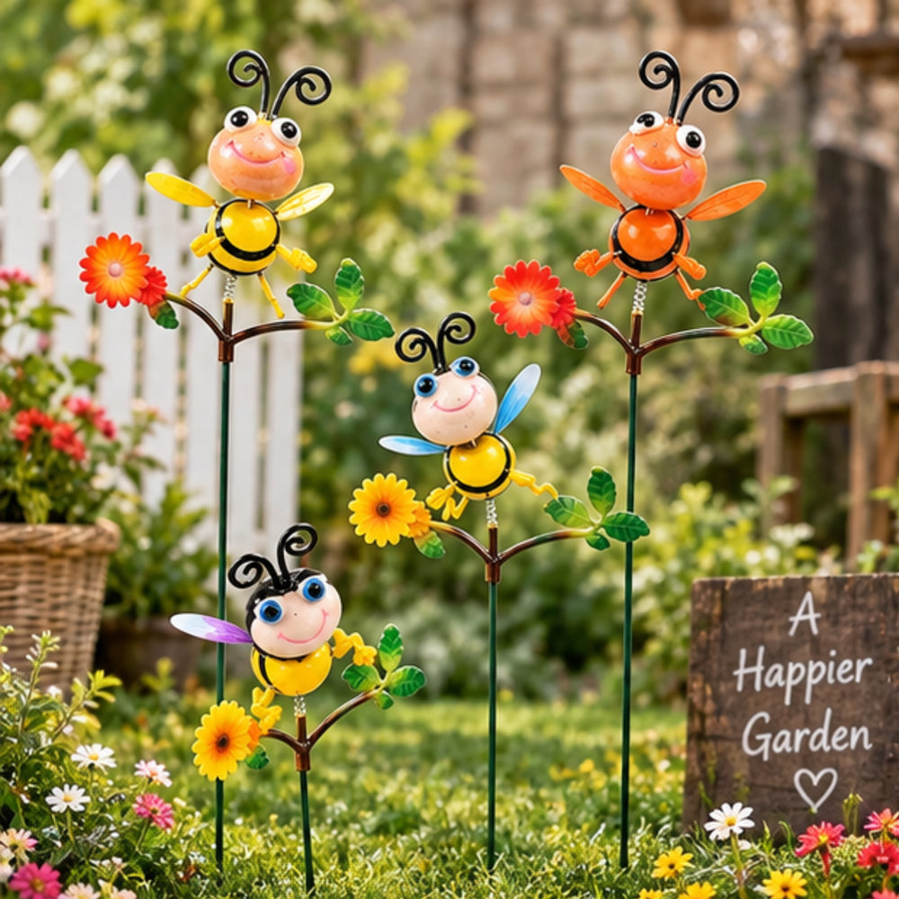 Set of 4 Whimsical Metal Bee Garden Stakes