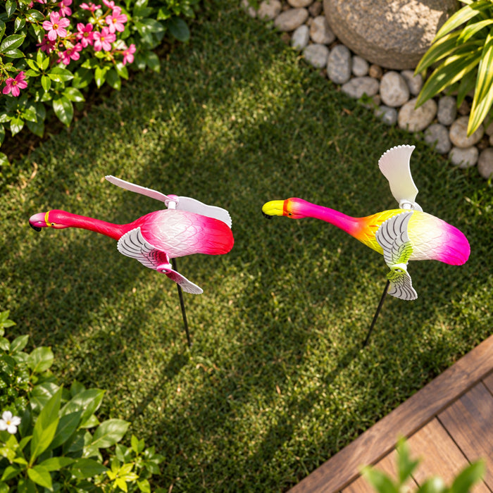 Vibrant Flying Flamingo Wind Spinners (Set of 2) – Pink Kinetic Garden Stakes for Outdoor Space, Flower Pots & Patio Borders