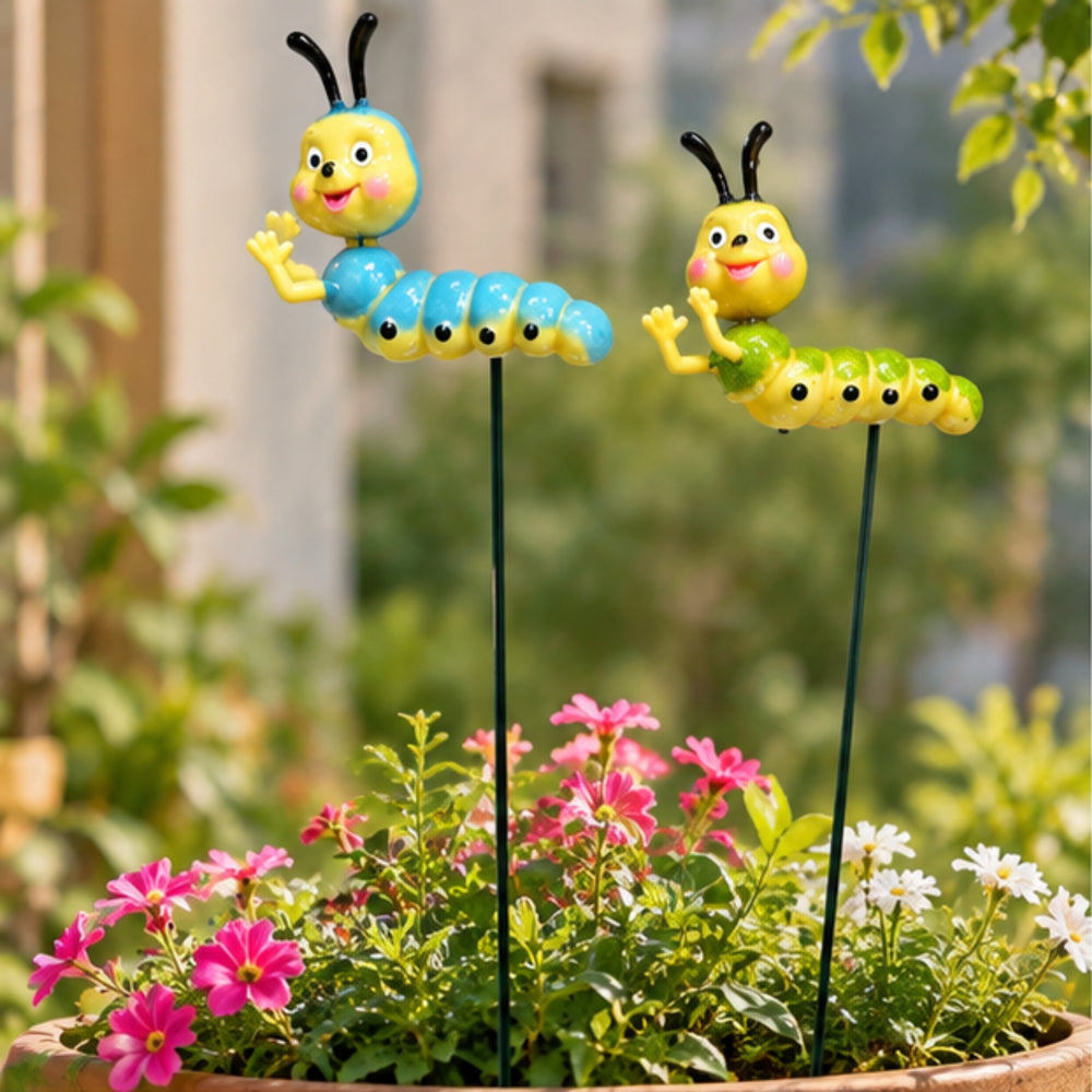 Whimsical Caterpillar Plant Stakes (Set of 2) – Green & Blue Garden Sticks for Potted Plants, Fairy Gardens & Bonsai