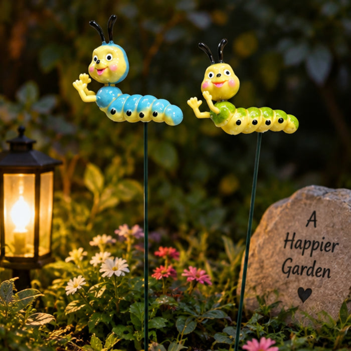 Whimsical Caterpillar Plant Stakes (Set of 2) – Green & Blue Garden Sticks for Potted Plants, Fairy Gardens & Bonsai
