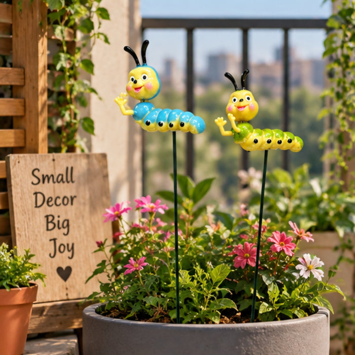 Whimsical Caterpillar Plant Stakes (Set of 2) – Green & Blue Garden Sticks for Potted Plants, Fairy Gardens & Bonsai