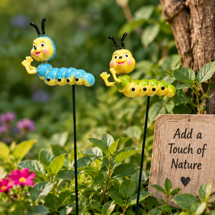 Whimsical Caterpillar Plant Stakes (Set of 2) – Green & Blue Garden Sticks for Potted Plants, Fairy Gardens & Bonsai