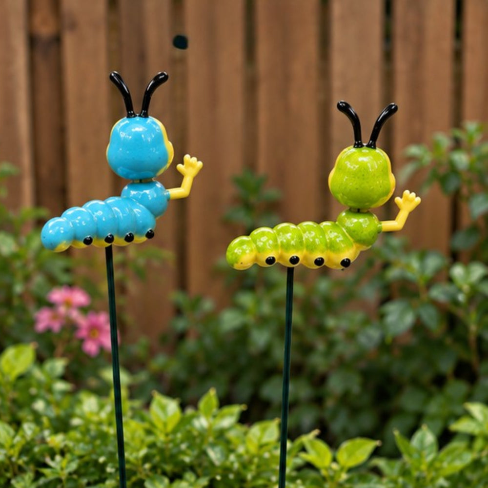 Whimsical Caterpillar Plant Stakes (Set of 2) – Green & Blue Garden Sticks for Potted Plants, Fairy Gardens & Bonsai