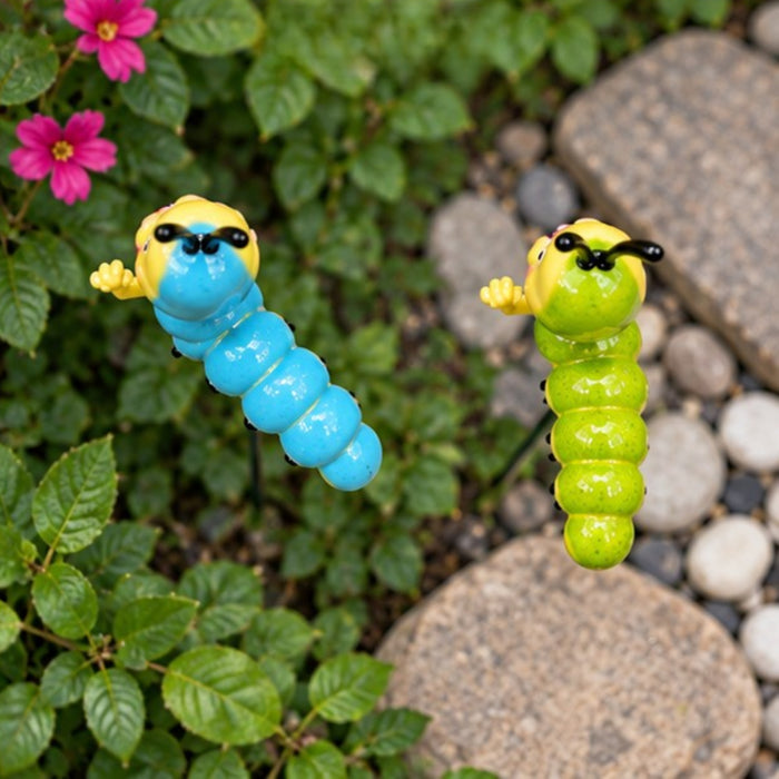 Whimsical Caterpillar Plant Stakes (Set of 2) – Green & Blue Garden Sticks for Potted Plants, Fairy Gardens & Bonsai