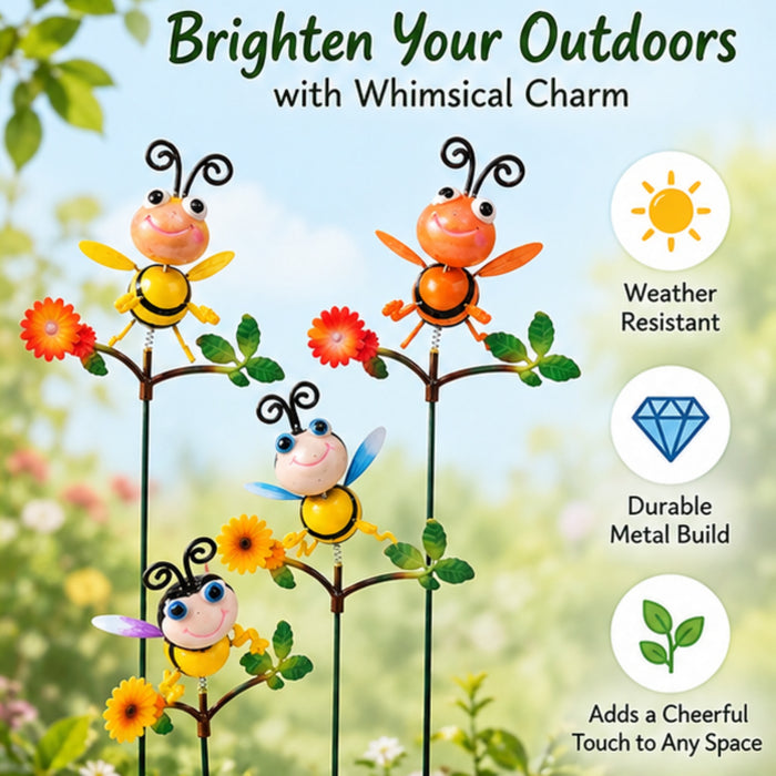 Set of 4 Whimsical Metal Bee Garden Stakes