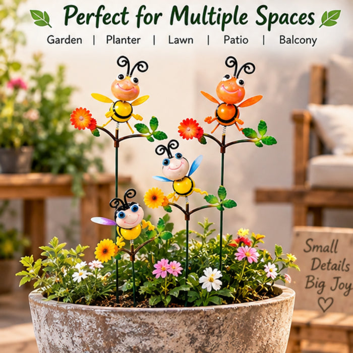 Set of 4 Whimsical Metal Bee Garden Stakes