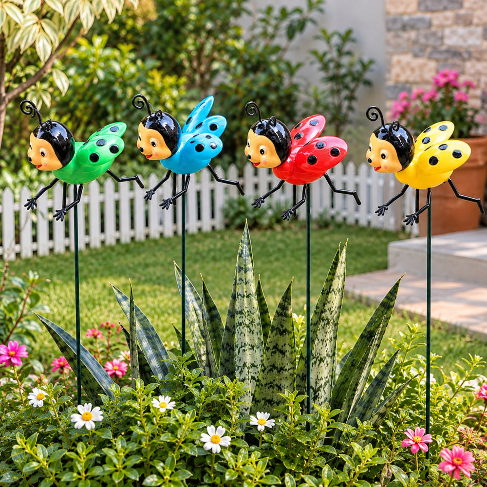 Ladybug Garden Stakes (Set of 4) – Colorful Insect Plant Sticks for Outdoor Lawn, Yard & Pot Decor