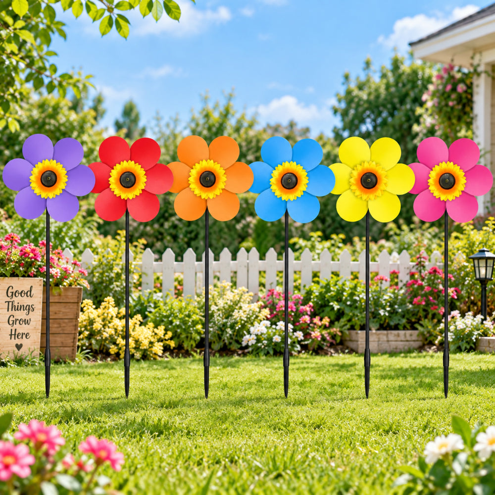 6 Pc Colorful Flower Windmill Garden Decor | Decorative Pinwheel Windmill