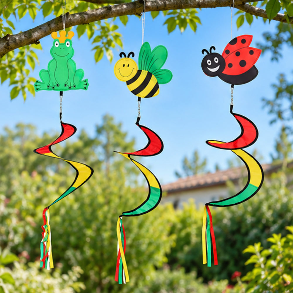Garden Wind Spinner Hanging Decor Set with Frog, Bee & Ladybug Designs